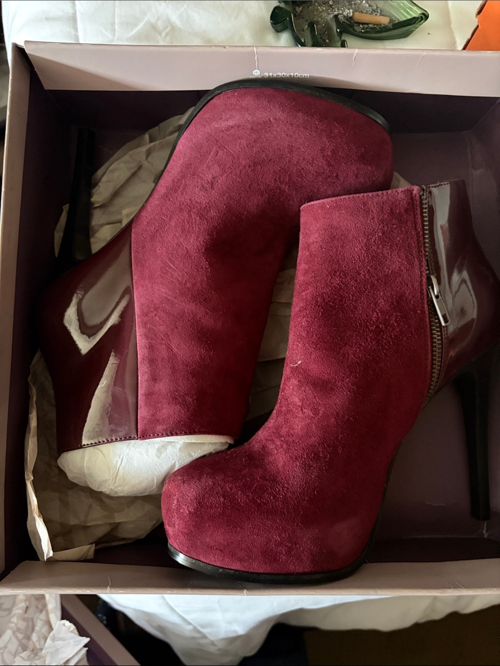 Bakers Burgundy Suede Platform Ankle Boots with Patent Trim